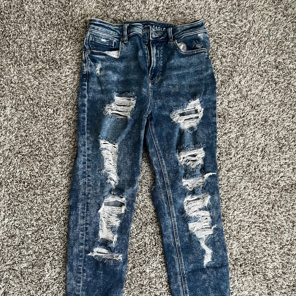 Blue Distressed American Eagle Mom Jeans